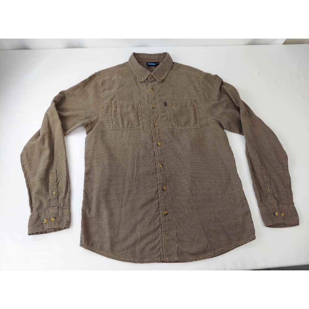 Kavu Men's Houndstooth Pattern Tan & Black Flannel Long Sleeve Button Up Large